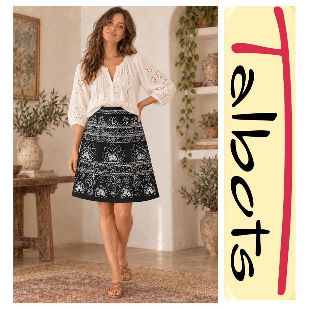 Talbots Vtg Black Ivory Embroidered A-Line Cotton Lined Boho Skirt Size 4